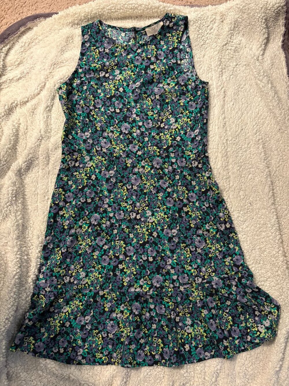 LOFT Women's Midi Dress Purple Green Floral Ruffle at Hem
